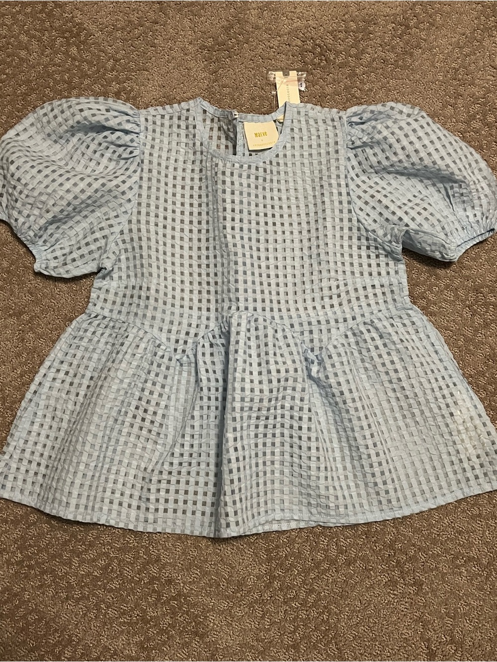 Anthropologie Maeve light blue sheer puff sleeve baby doll top - Picture 5 of 7